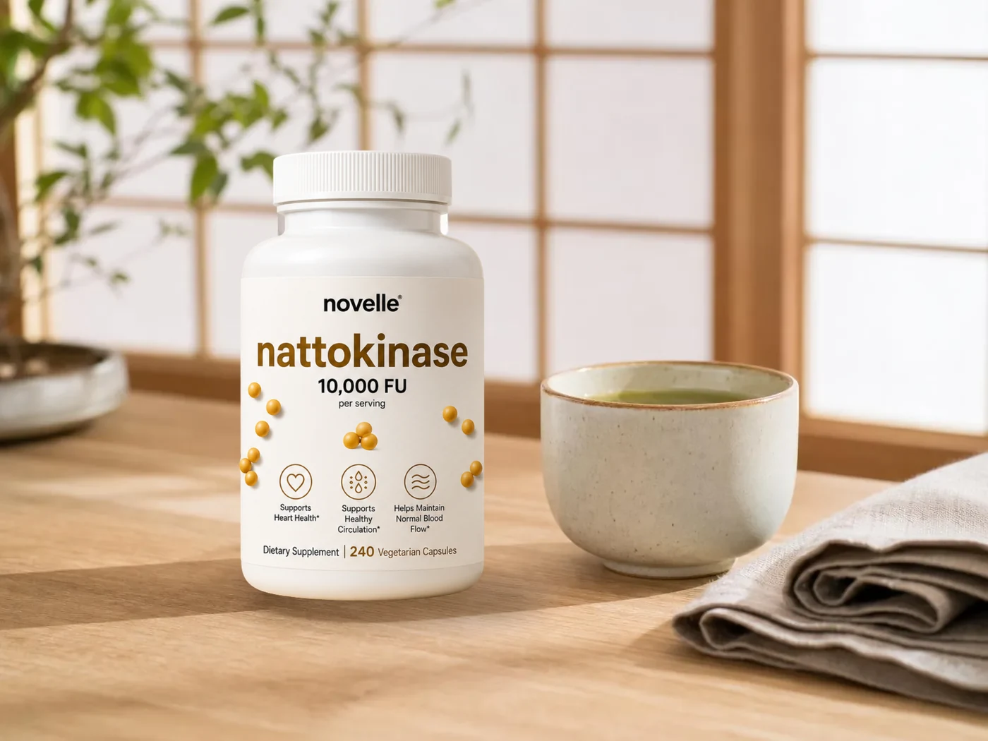 Novelle Nattokinase 10,000 FU bottle beside a cup of green tea on a wooden table in Japanese morning light