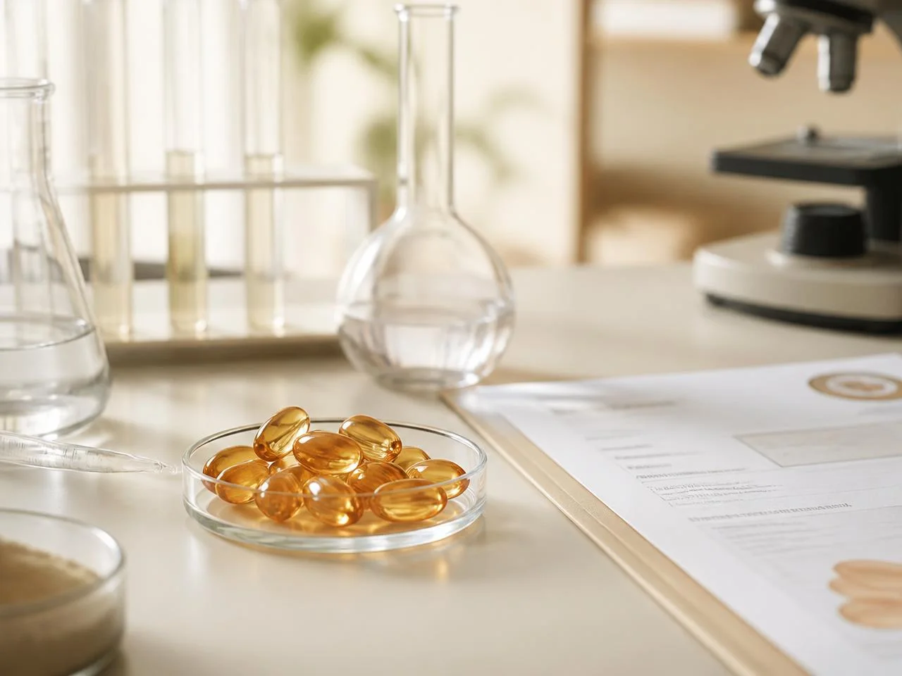 Supplement capsules and a certificate of analysis on a laboratory bench