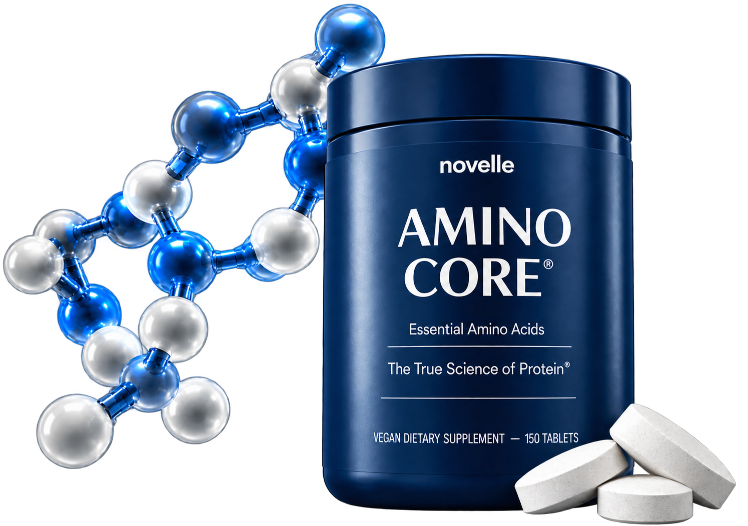 Amino acid molecule chain beside a bottle of Novelle Amino Core with tablets