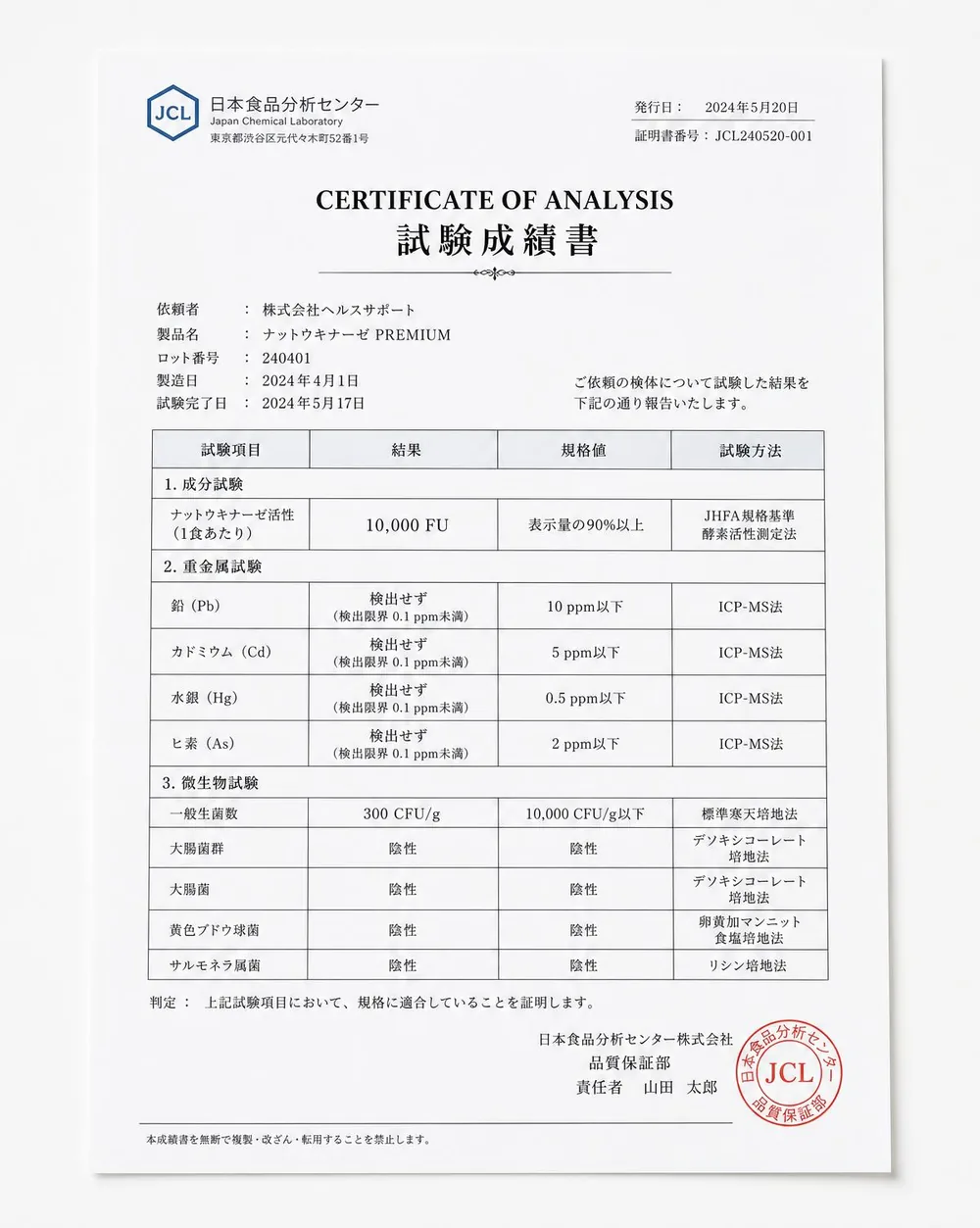 Japanese certificate of analysis document for Novelle Nattokinase, lot 240401
