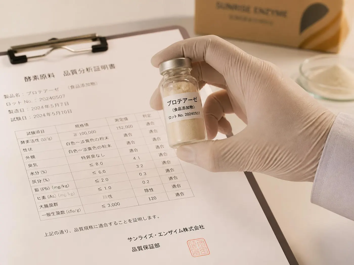 Japanese certificate of analysis for a nattokinase enzyme batch