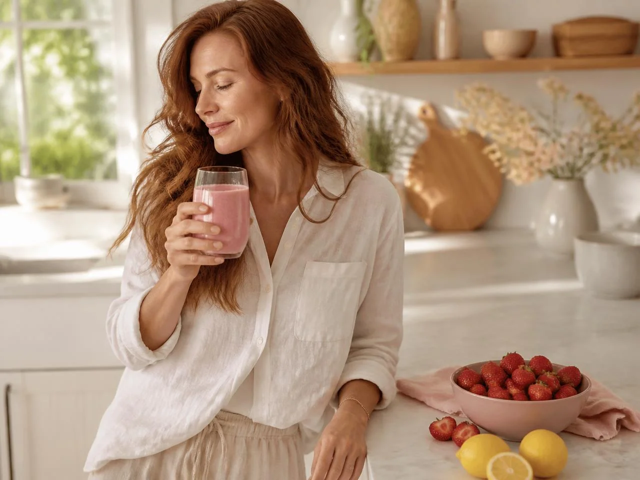 Jessica enjoying a glass of SuperBalance strawberry lemonade in her kitchen