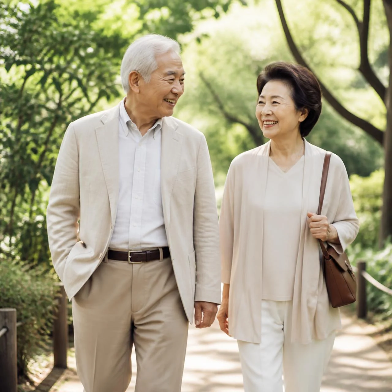An older Japanese couple walking together on a bright morning
