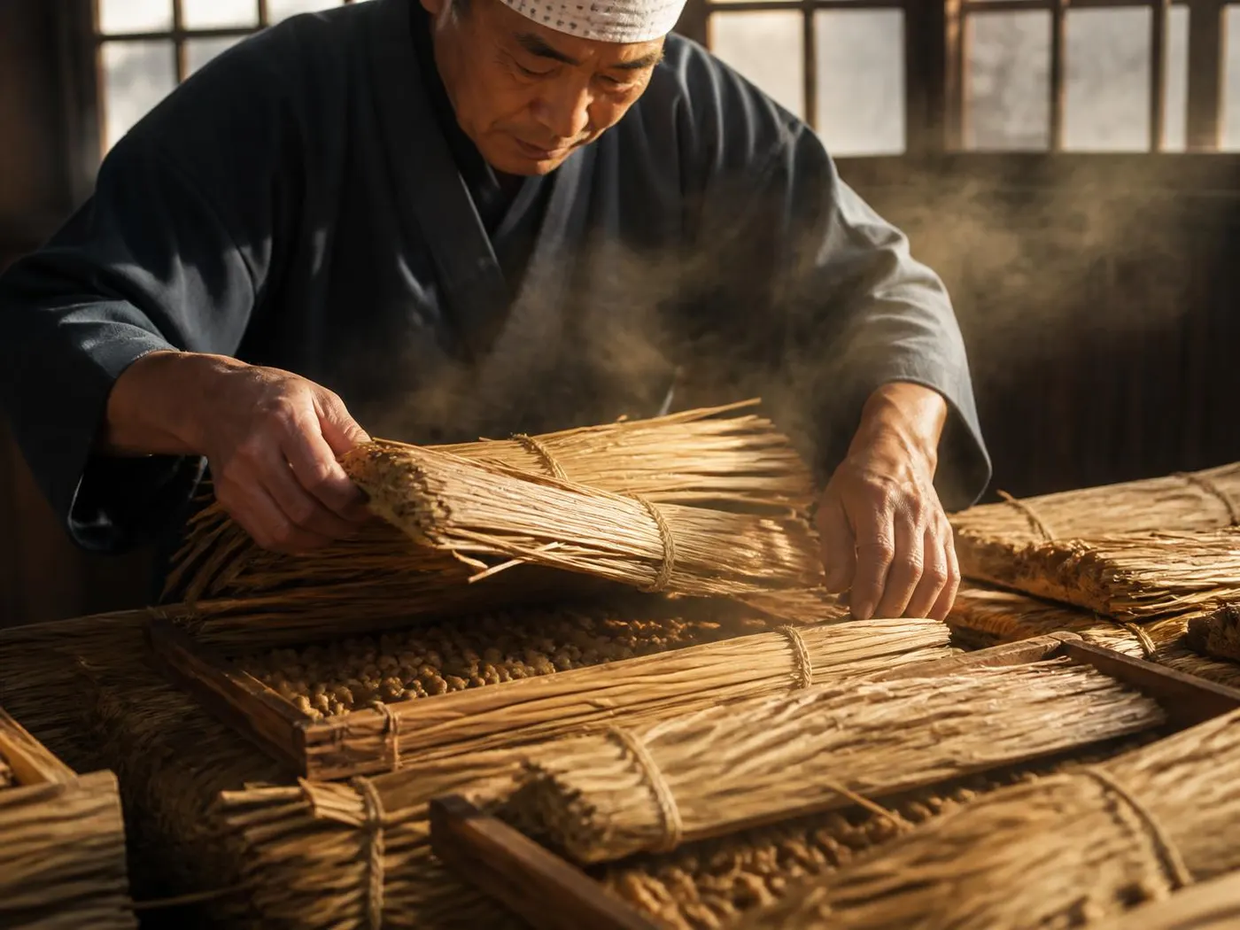 Traditional Japanese natto fermentation with soybeans wrapped in rice straw