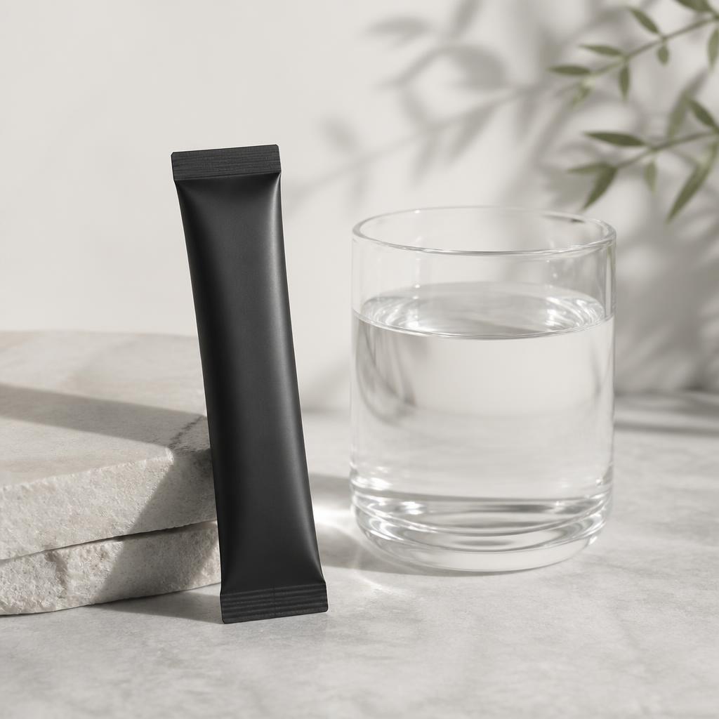 Novelle daily supplement stick pack beside a glass of water