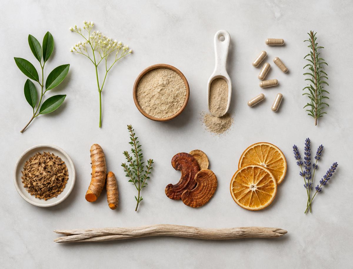 Clean botanical ingredients and supplement capsules on light marble