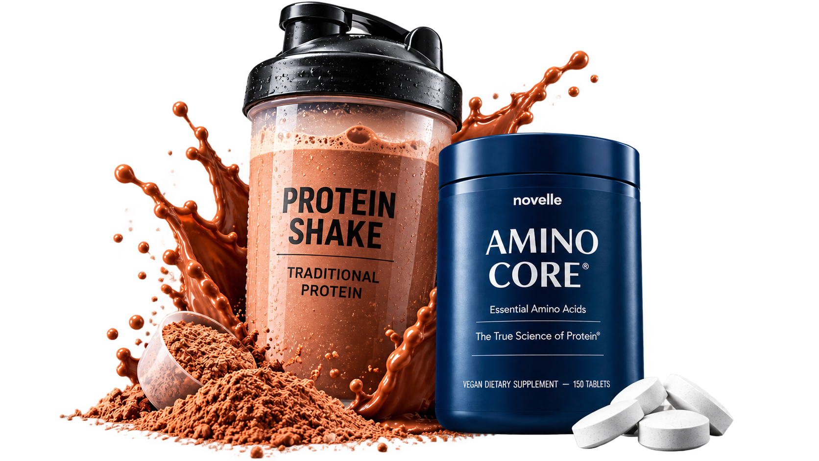 Traditional protein shake beside Novelle Amino Core tablets