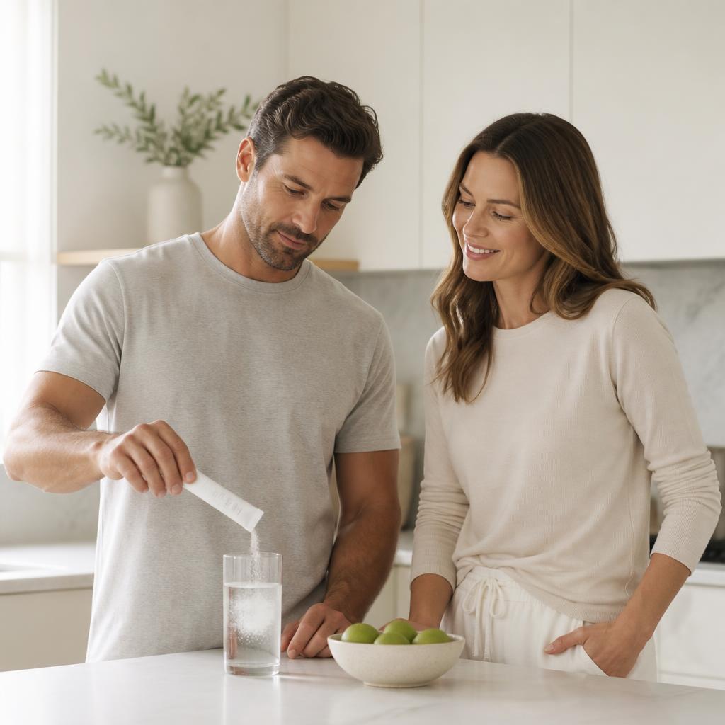 Two people mixing a Novelle daily supplement into a glass of water