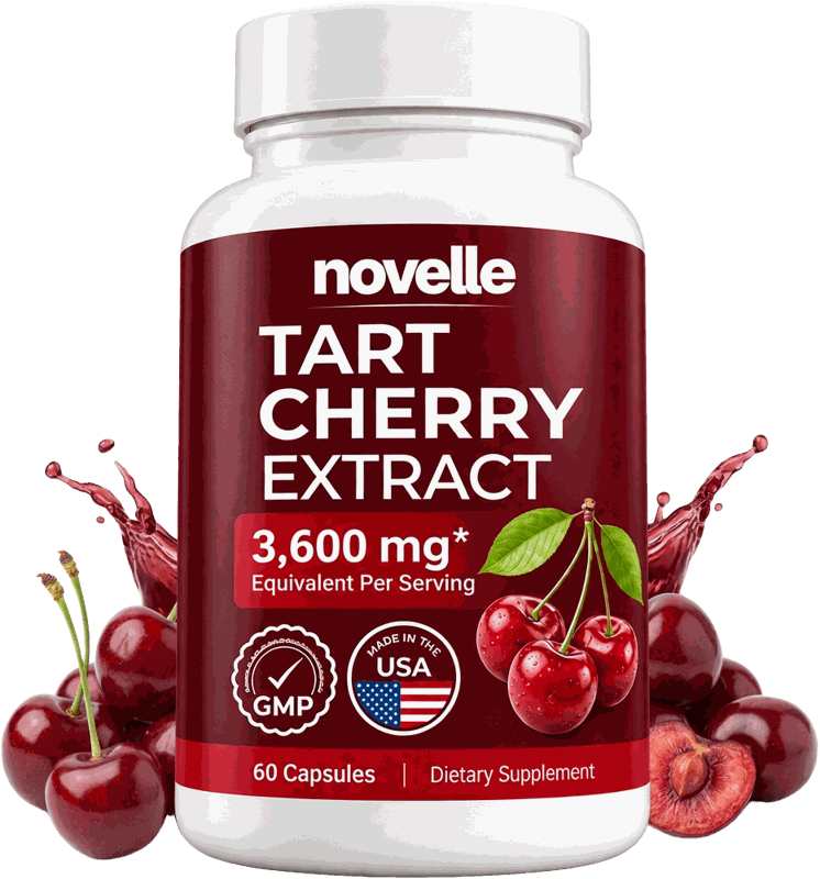 Novelle Tart Cherry Extract bottle resting among fresh dark-red tart cherries with a splash of cherry juice