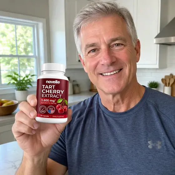 Happy Novelle customer holding Tart Cherry Extract