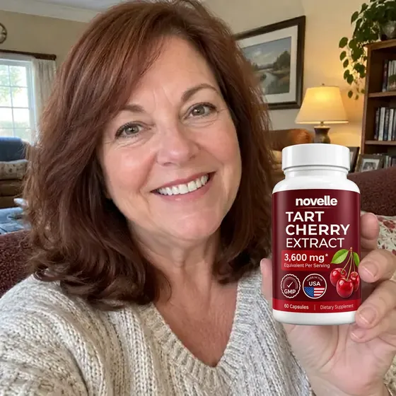 Happy Novelle customer holding Tart Cherry Extract