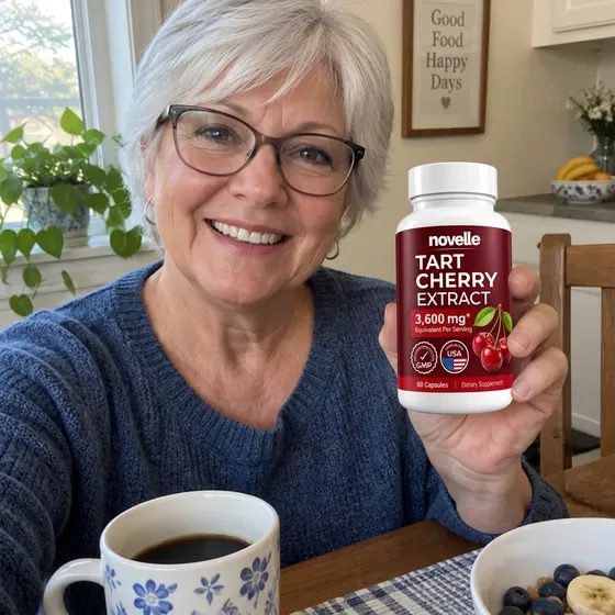 Happy Novelle customer holding Tart Cherry Extract