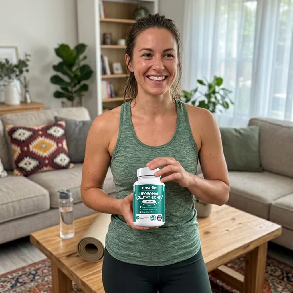 Happy Novelle customer holding Liposomal Glutathione