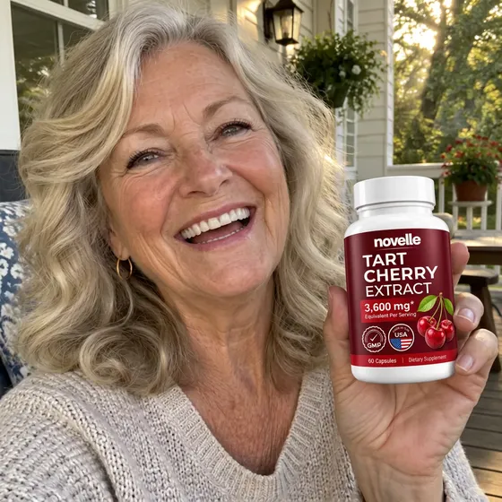 Happy Novelle customer holding Tart Cherry Extract