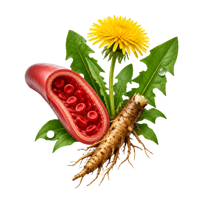 Dandelion root beside a healthy blood vessel