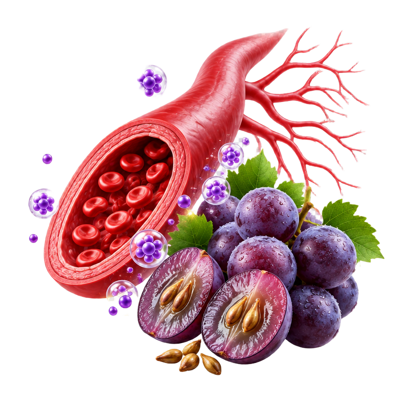 Grape seeds beside a healthy vessel and capillary branches