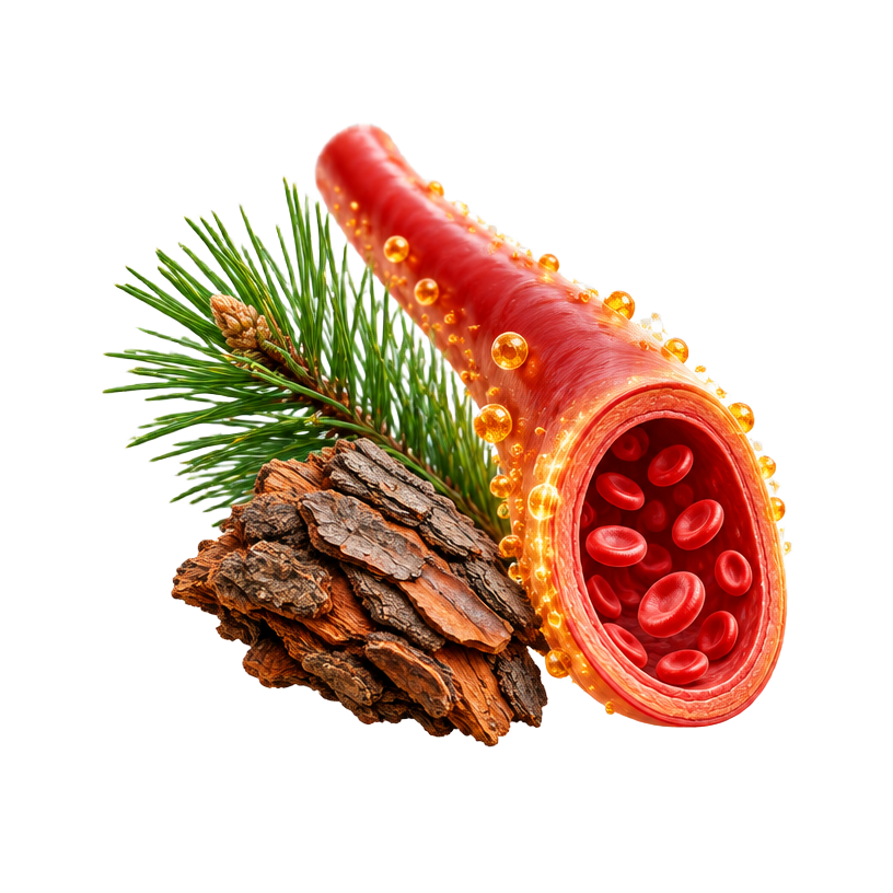 Pine bark polyphenols surrounding a healthy blood vessel