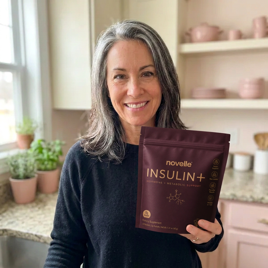 Michelle holding a pouch of Insulin+ in her kitchen