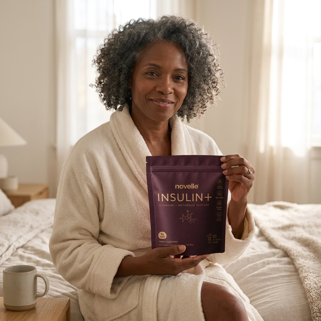 Grace holding a pouch of Insulin+ in her bedroom in morning light