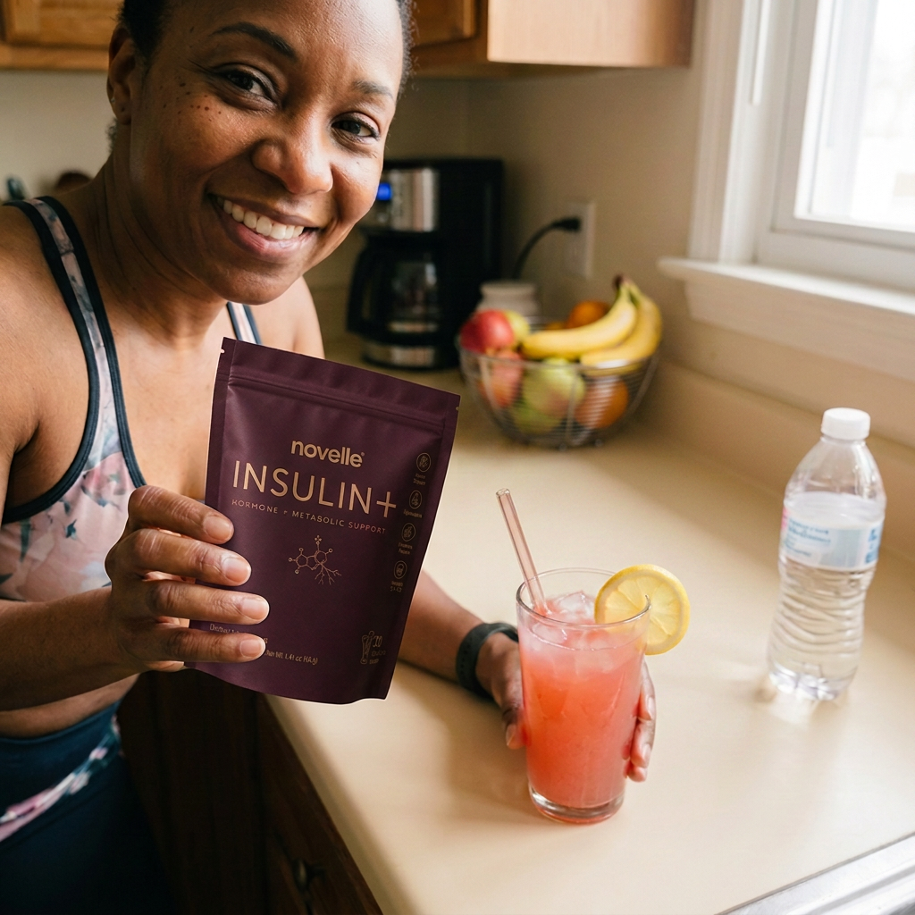 Danielle with a Insulin+ stick pack and a glass of strawberry lemonade