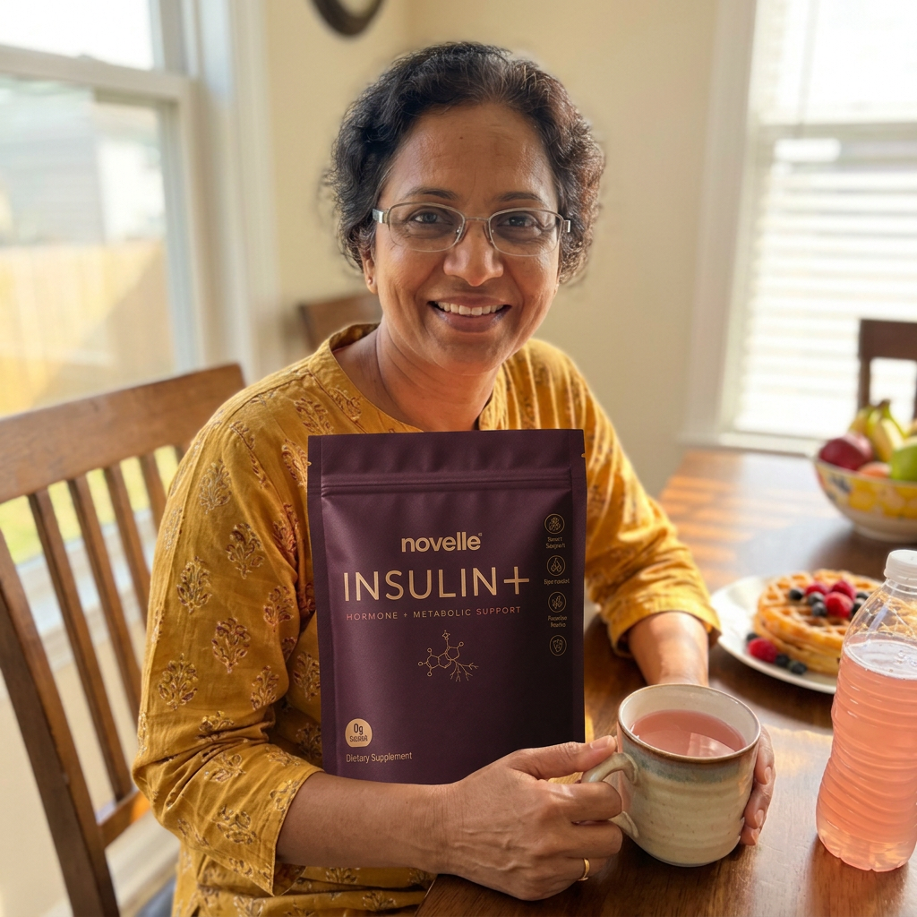 Priya holding Insulin+ at her breakfast table