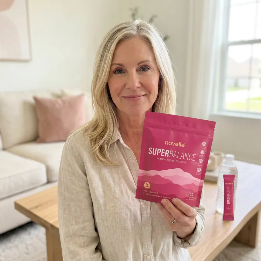 Joanne holding a pouch of SuperBalance in her living room