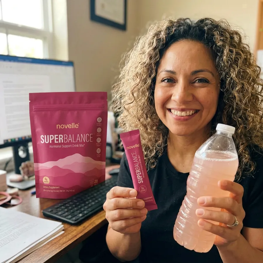 Amara holding a SuperBalance stick pack at her desk