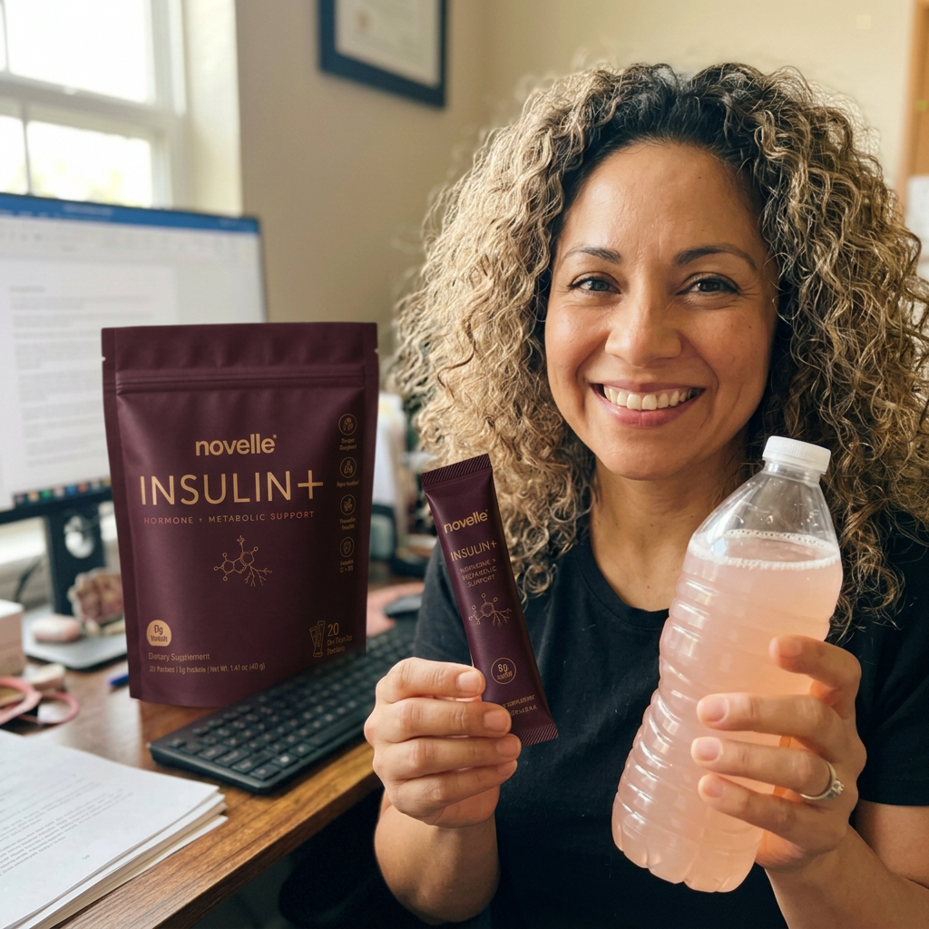 Amara holding a Insulin+ stick pack at her desk