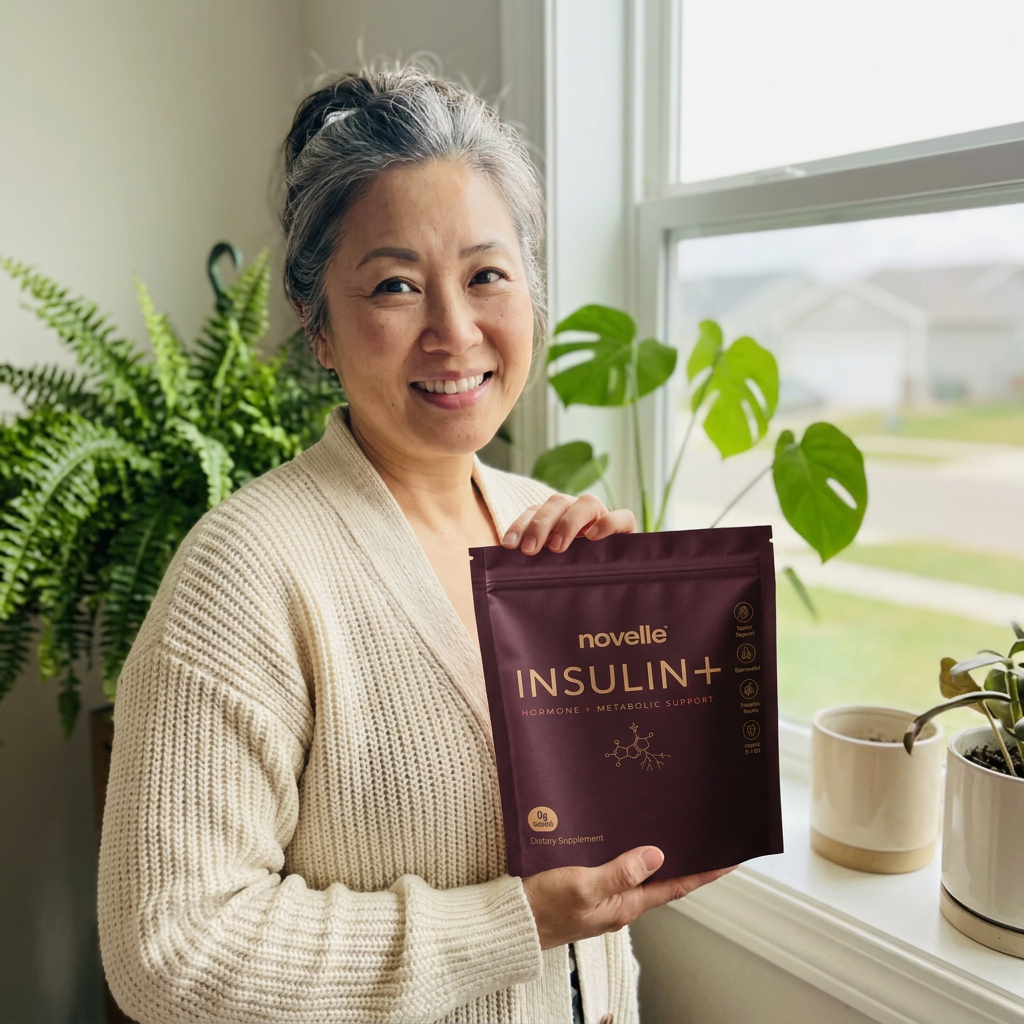 Karen holding a pouch of Insulin+ by her window