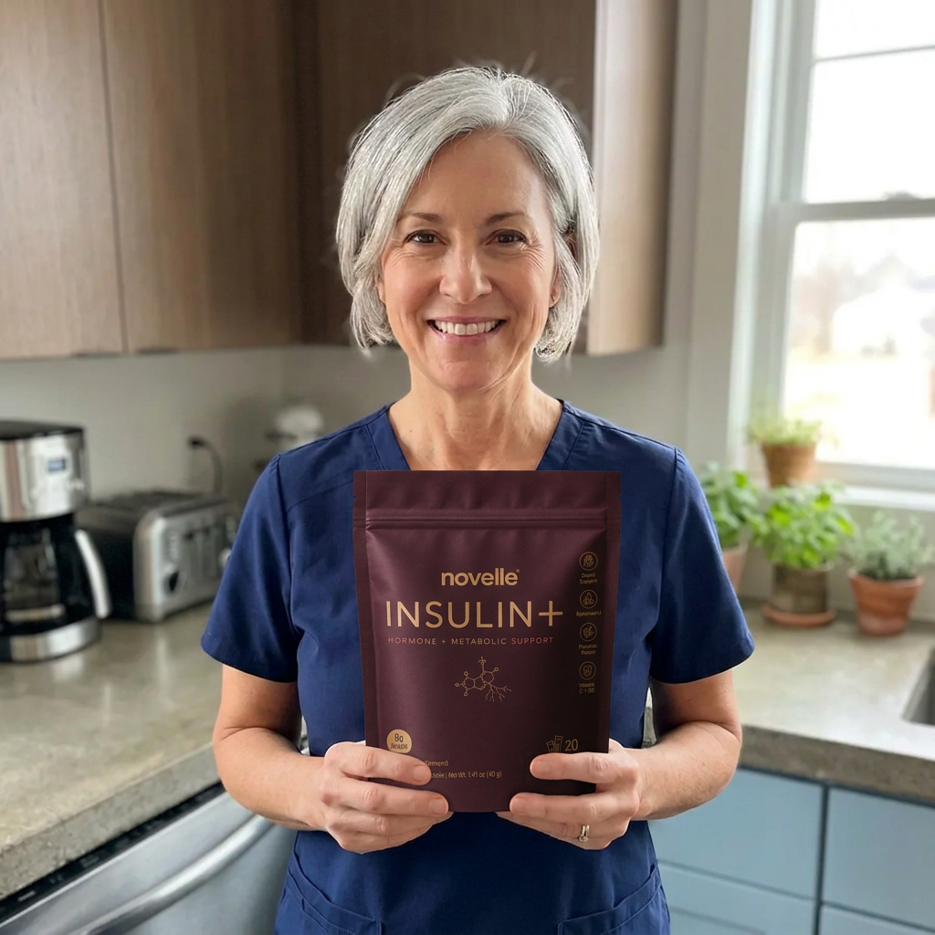 Denise in her scrubs holding a pouch of Insulin+ before a shift
