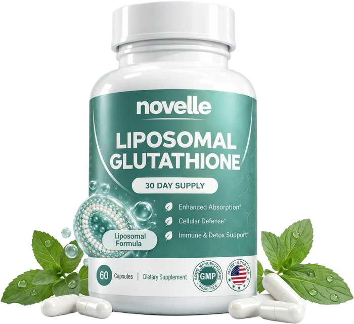 Novelle Liposomal Glutathione bottle with capsules and fresh green leaves