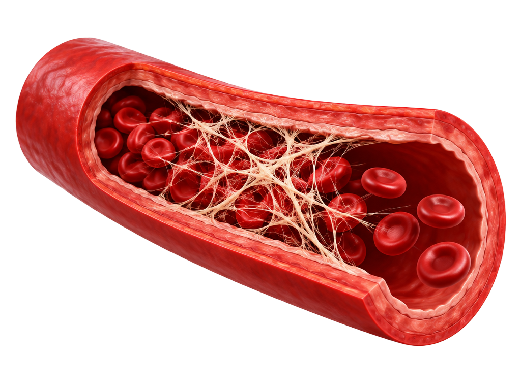 Fibrin mesh building up inside a blood vessel