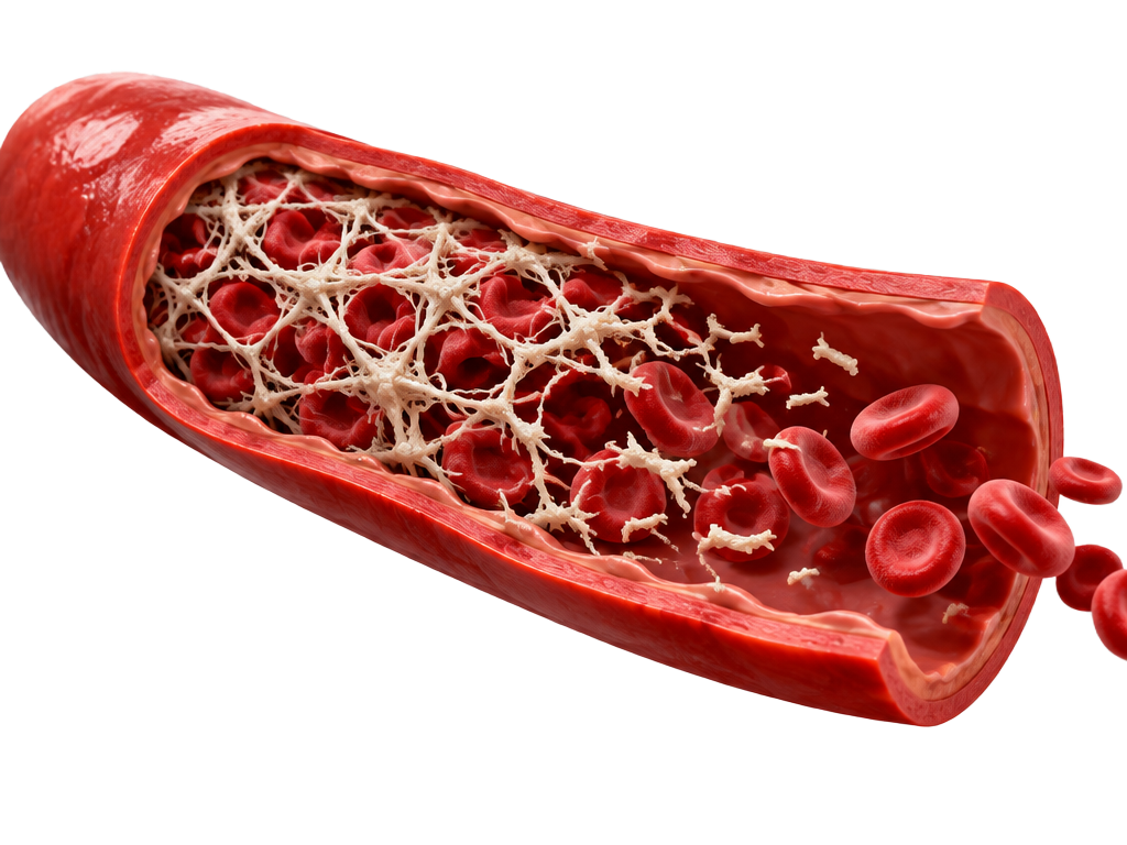 Nattokinase breaking fibrin strands apart inside a blood vessel