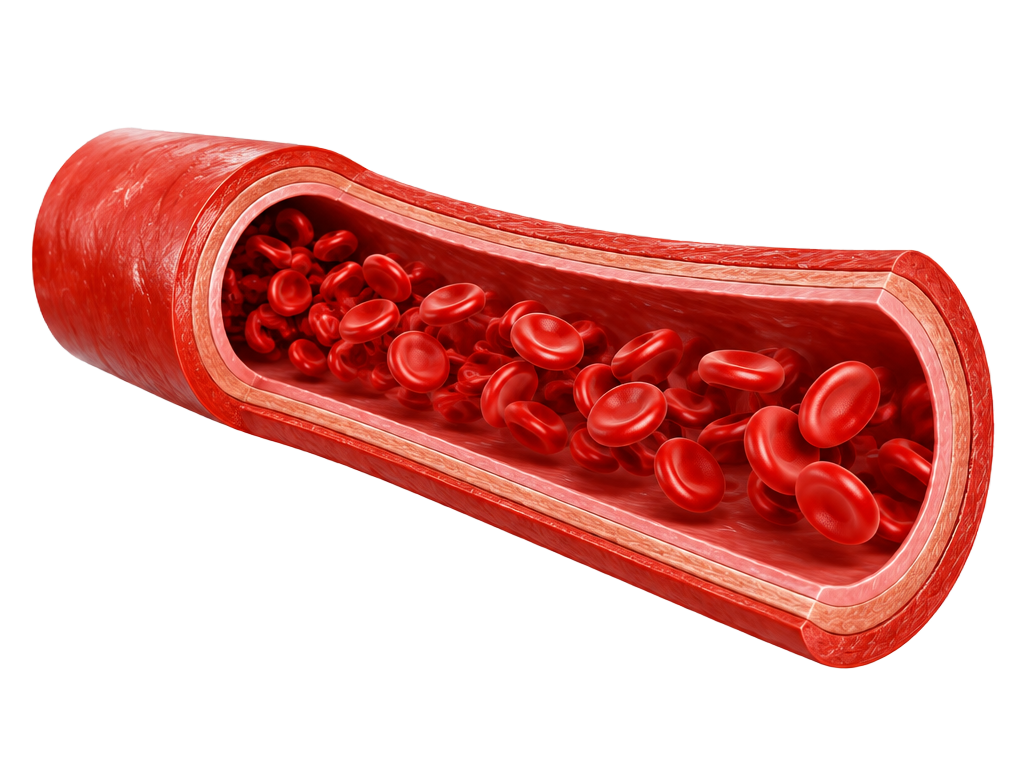 Red blood cells flowing through a clear open blood vessel