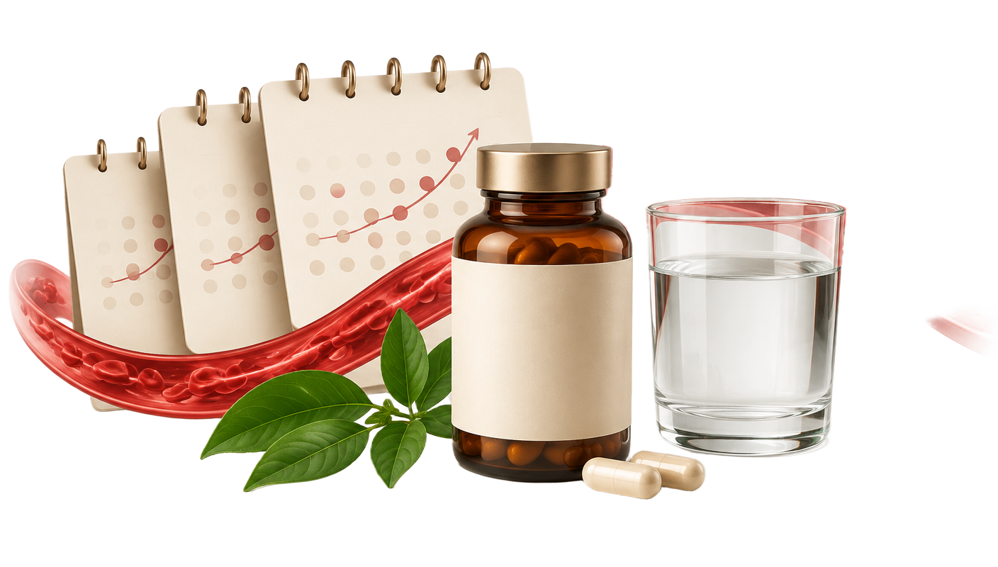 A bottle, daily capsules, water, and a three-month wellness calendar