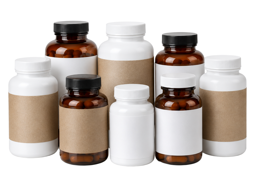 A group of eight separate supplement bottles