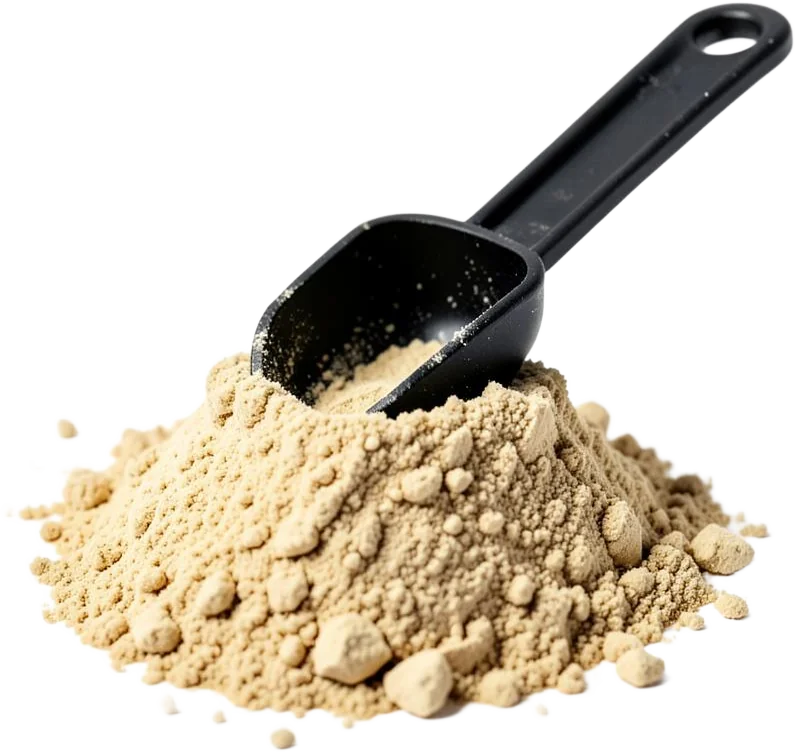Pile of traditional whey protein powder with scoop